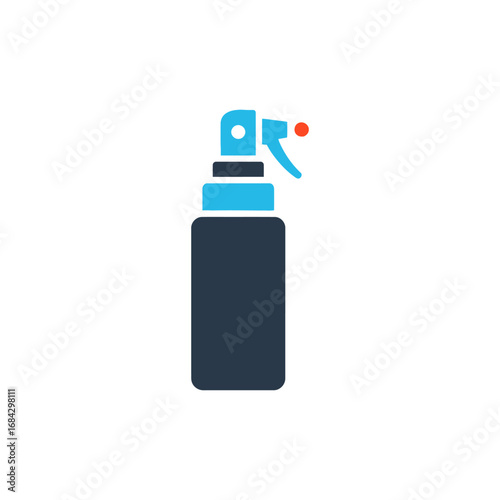 A minimalist graphic icon of a dark blue spray bottle with a light blue top and a small red mist indicator.