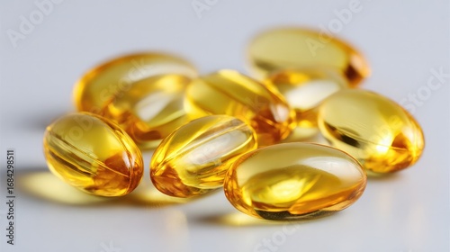 Close up of omega-3 fish oil capsules, golden translucent gel pills on a white background