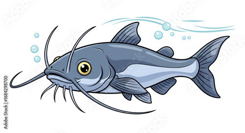 Playful cartoon illustration of a catfish swimming with bubbles, depicting aquatic wildlife, on an isolated transparent background.
