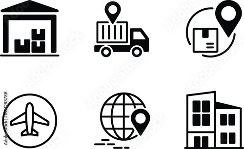 Logistics icons, warehouse, delivery truck, package tracking, airplane shipping, global transport, location pin, supply chain, cargo, transportation