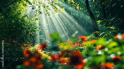 Sunlight Streams Through Lush Forest Canopy with Vibrant Flowers.