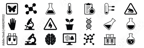 Black and White Science Icon Set – Laboratory Tools, Molecules, and Scientific Symbols
