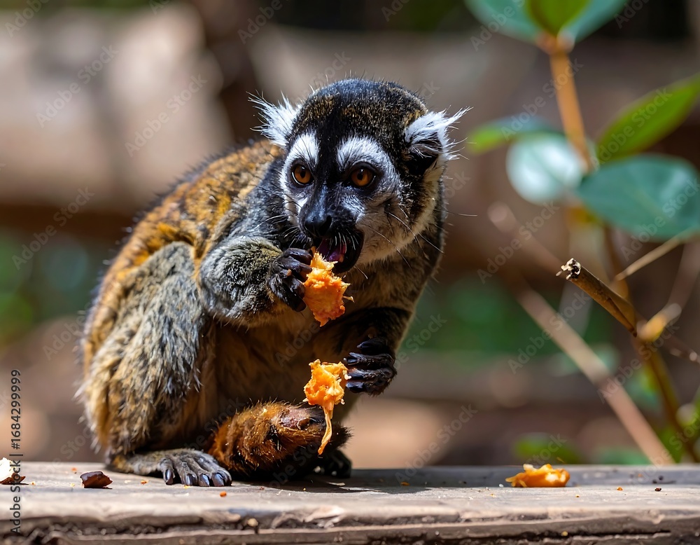 Obraz premium Close-up of a lemur with a piece of fruit in its paws, captured in sharp focus against a blurred background of foliage.