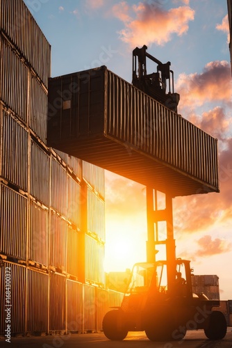 Cargo ship loading at sunset. Silhouette of forklift lifting container among stacked cargo boxes