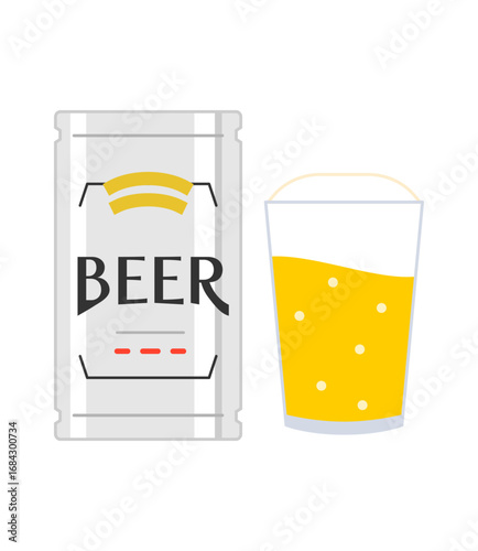 缶ビールとグラスに入ったールのイラスト　ベクター

