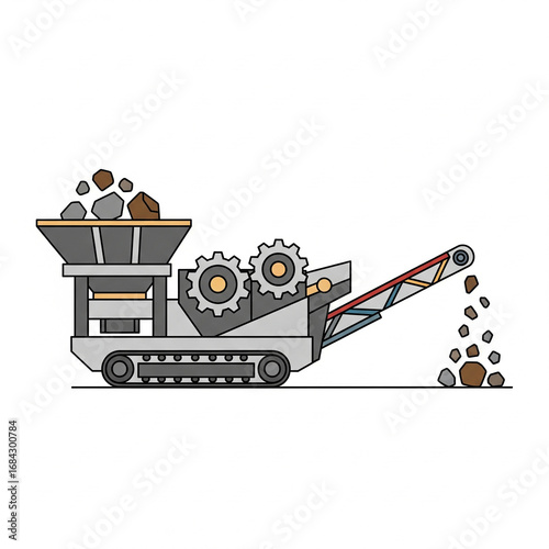 A mobile crusher plant crushing rocks in a flat 2D style with a plain white background