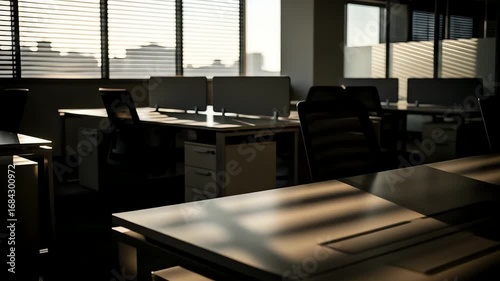 Empty office desks with blinds casting shadows across the room