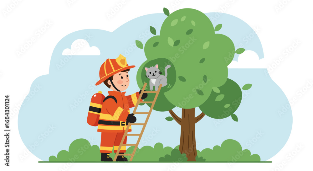 Fototapeta premium Firefighter Rescuing Cat from a Tree Cartoon Illustration.