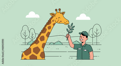 Friendly Giraffe Eating Leaves Offered by Zookeeper.