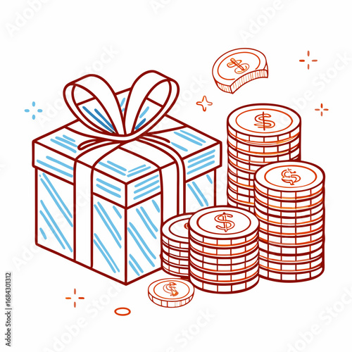 Gift box with stacks of coins, symbolizing financial reward, bonus, or investment success.