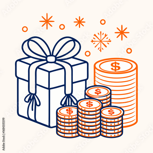 Celebrate financial growth with a gift box and stacks of money, symbolizing wealth and prosperity.