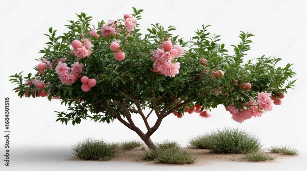 Fototapeta premium Blossoming Tree in Garden: A vibrant tree laden with lush pink blooms and verdant leaves takes center stage. framing a moment of natural beauty.
