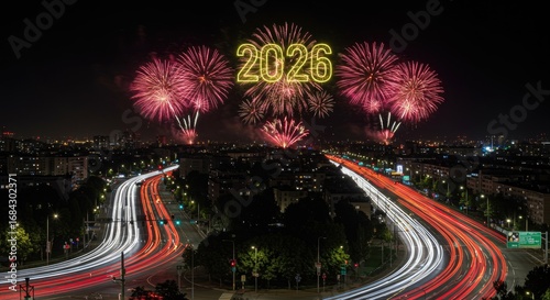 2026 New Year Fireworks Display Over Cityscape with Car Light Trails at Night
