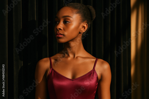Young elegant ballerina in burgundy leotard posing gracefully in natural sunlight against dark curtain background Free Download Young elegant ballerina in burgundy leotard posing gracefully in natural sunlight against dark curtain background - GFXLoad