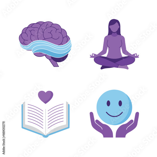 Image contains four icons representing mental wellness: a brain with waves, a person meditating, an open book with a heart, and hands holding a smiling face.