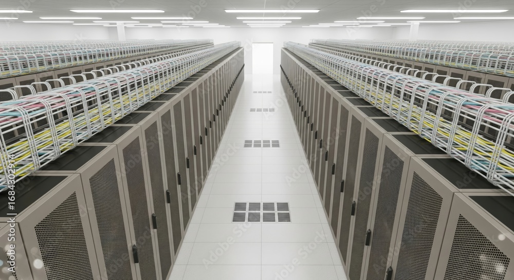 Fototapeta premium Calm Aisle: Pastel Cables and Taupe Racks from Above