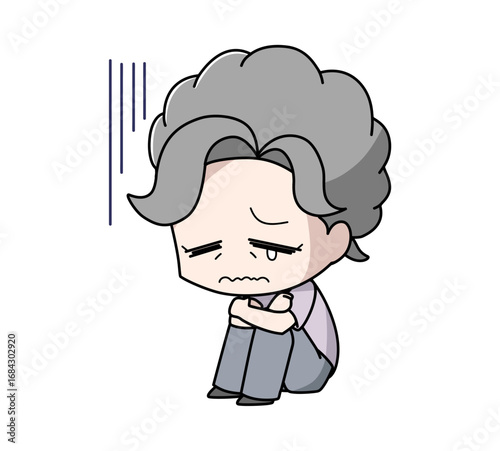 体育座りで落ち込む高齢女性のイラスト