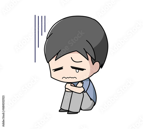 体育座りで落ち込む男性のイラスト