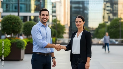 Man and woman shake hands in front of modern buildings