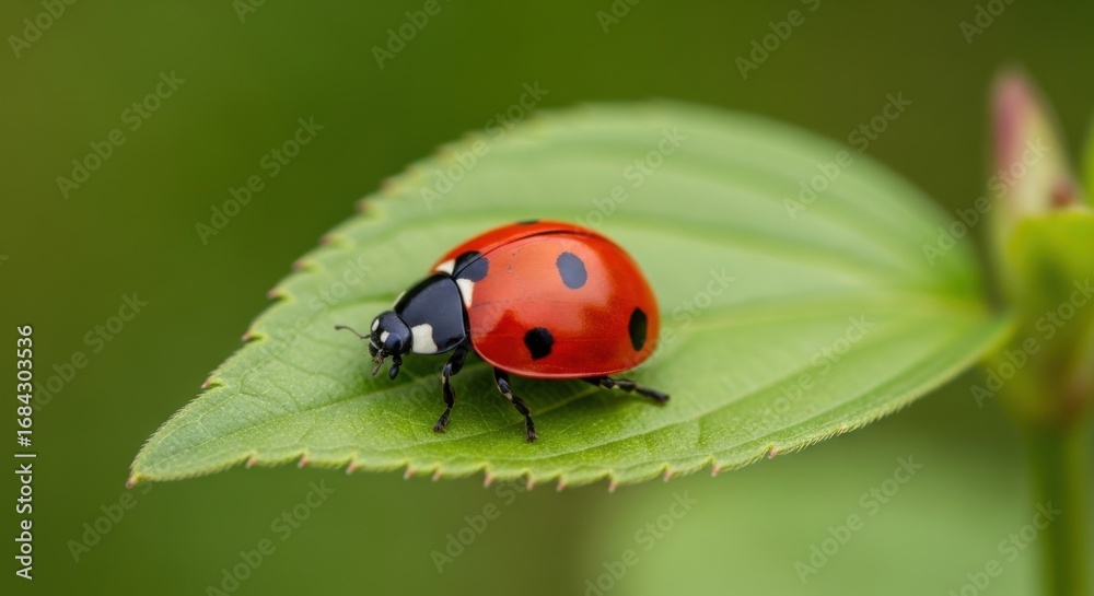Fototapeta premium Close-up capture of a red ladybug with black spots resting on a green leaf