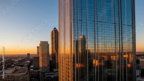 Modern skyscraper reflecting city skyline at sunset