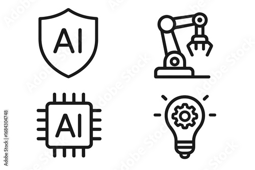 Artificial intelligence line icon collection. Vector outline symbols for AI technology, machine learning, robotics, automation, innovation idea, security shield and processor chip.