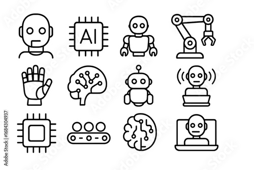 Artificial intelligence robotics outline icon set. Technology, automation icons collection. Vector illustration of robot, ai, cyborg, machine learning, neural network, processor.