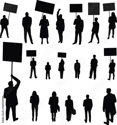 Silhouette of Protesters Holding Blank Signs, Activist Group in Public Demonstration, Social Justice Rally, Political Protest, Civil Rights Movement, Crowd with Placards