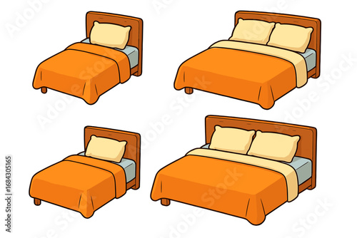 Cartoon bed set vector illustration. Single and double beds for bedroom interior design. Home furniture for rest and sleep. Isolated collection of wooden beds with pillows.
