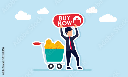 Businessman holding buy now sign near trolley full of light bulbs illustration of promotion and marketing strategy for offering business ideas