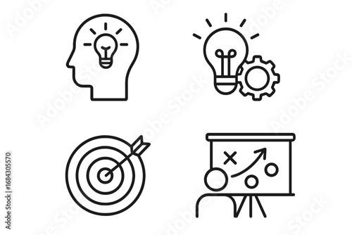 Business strategy and innovation linear icon set. Vector outline icons for concepts like creative ideas, problem-solving, strategic planning, target goals, and development.