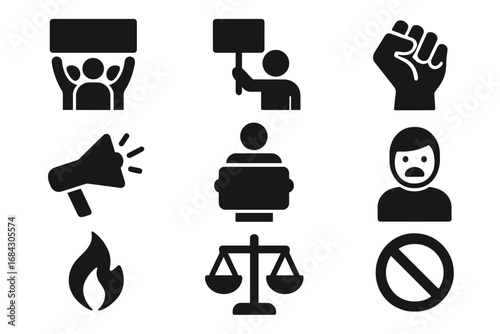 Activism and protest black glyph icon set. Social justice, human rights demonstration. Raised fist, megaphone, banner, equality sign. Vector symbols for revolution and freedom.