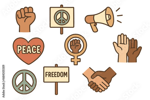 Activism and protest retro vector icon set. Peace, freedom, feminism, equality symbols. Human rights and social justice. Raised fist, solidarity hands, peace sign.