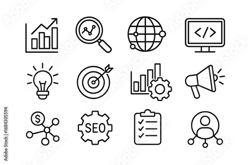 Business and technology outline icon set. Icons for data analysis, SEO, digital marketing, global strategy, web development, and startup concepts. Thin line vector pictograms.