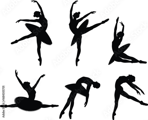 Silhouettes of ballet dancers performing elegant poses, classical ballet, graceful movement, dance art, tutu costumes, expressive dancers, flexibility, performance, artistic expression, dance studio
