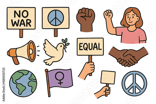 Activism and peace icon set with protest, freedom, equality symbols. Vector cartoon collection for social justice, human rights, anti-war, feminist movement. Equal rights concept.
