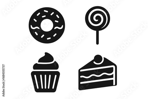 Sweets and bakery solid glyph icon set. Donut, lollipop, cupcake, and cake slice vector symbols. Pastry dessert and confectionery graphic sign collection for web and apps.