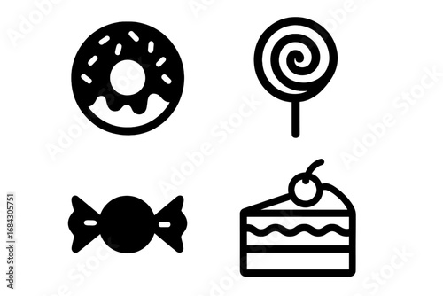 Bakery and sweets solid icon set. Donut, lollipop, wrapped candy and cake slice icons. Confectionery dessert and pastry food symbols for menu, web or app design. Vector.