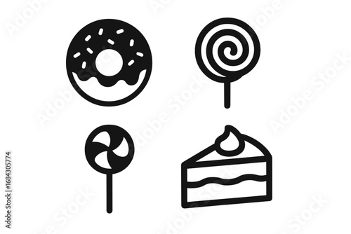 Sweets and bakery solid glyph icon set. Donut with sprinkles, swirl lollipop, and cake slice icons. Simple black minimal dessert and candy symbols for food concepts. Vector.