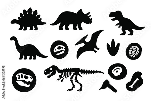 Dinosaur silhouette icon set. Vector collection of prehistoric animals. T-rex, triceratops, stegosaurus. Paleontology fossil, skeleton, skull, bone, and footprint icons.