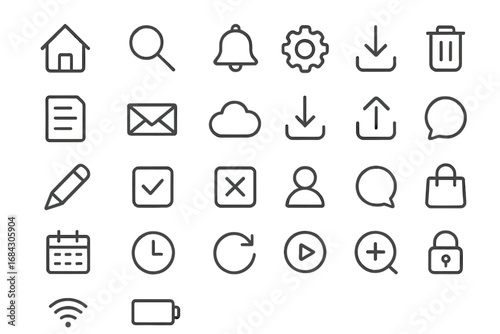 Basic line icon set for web and mobile interface design. Simple minimalist pictogram symbols for everyday use. Vector collection of essential UI UX graphic elements for apps.