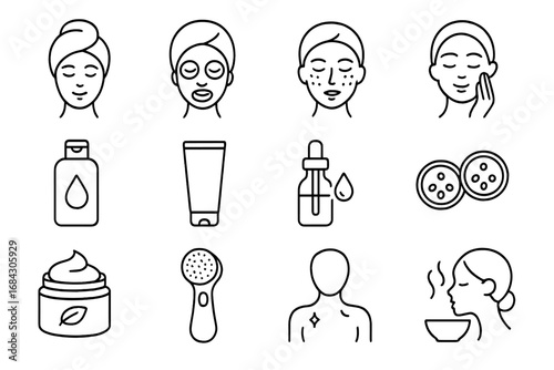 Beauty skincare outline icon set. Facial treatment, cosmetic product and spa procedure vector icons. Woman face, cream, serum, mask, lotion for dermatology and health concept.
