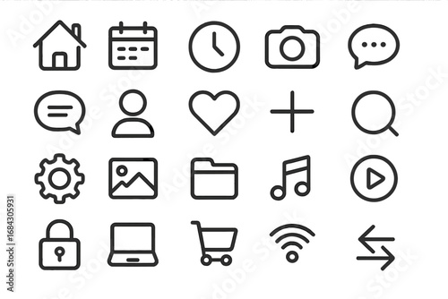 Universal line icon set for web and mobile. Minimalist symbols for user interface design. Vector pictograms home, search, settings, profile, cart, heart, wifi, calendar.