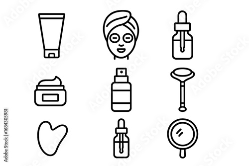 Beauty and skincare line icon set. Self-care tools for facial routine, face mask, serum, gua sha, roller outline collection. Vector cosmetic symbols for spa and dermatology.