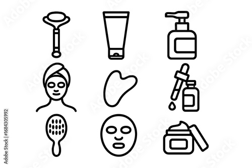 Beauty and skincare line icon set. Self-care tools, face mask, serum, cream, gua sha, jade roller outline collection. Cosmetology, spa, and dermatology vector icons.