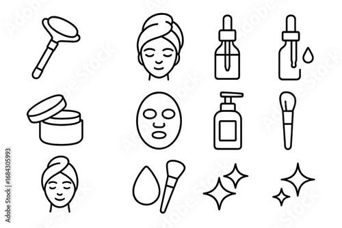 Beauty and skincare line icon set. Self-care routine tools, face mask, serum, and cream outline collection. Vector cosmetic symbols for facial treatment and dermatology.