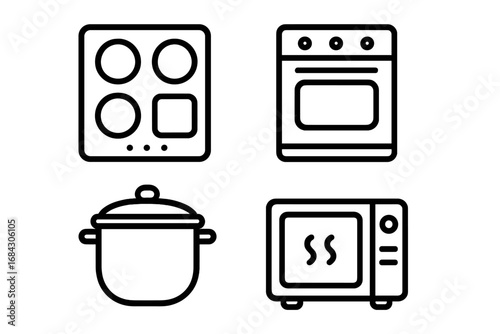 Kitchen appliance icon set. Cooktop, stove, oven, pot, pan, and microwave vector icons. Cooking and food preparation equipment symbols. Simple line art and silhouette style.