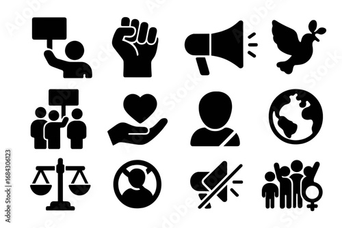 Activism and protest solid glyph icon set. Human rights, social justice, and equality symbols. Vector collection with raised fist, peace dove, protest signs and feminist icons.