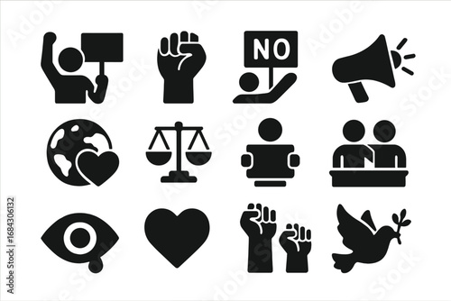 Activism protest solid icon set. Human rights, social justice and equality concept. Vector glyph collection. Demonstration, revolution and solidarity symbols for web and app.