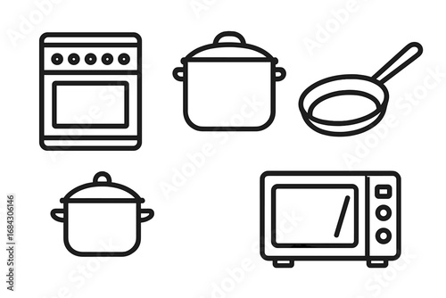 Cooking and kitchen appliance vector icon set. Line art collection of stove, oven, pot, pan, and microwave symbols. Cookware and kitchenware equipment outline illustration.